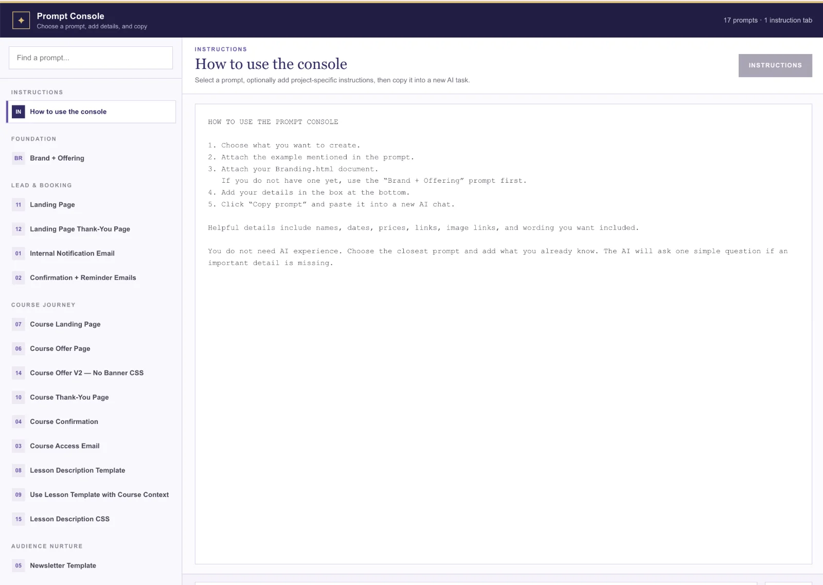 Prompt console listing the structured build sequence